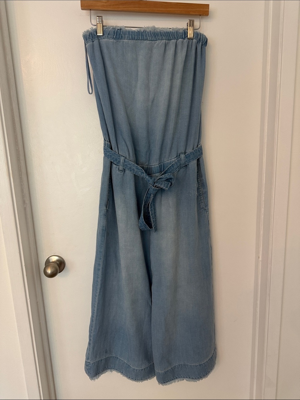 Bella Dahl Light Blue Strapless Denim Jumpsuit with Self Tie Belt